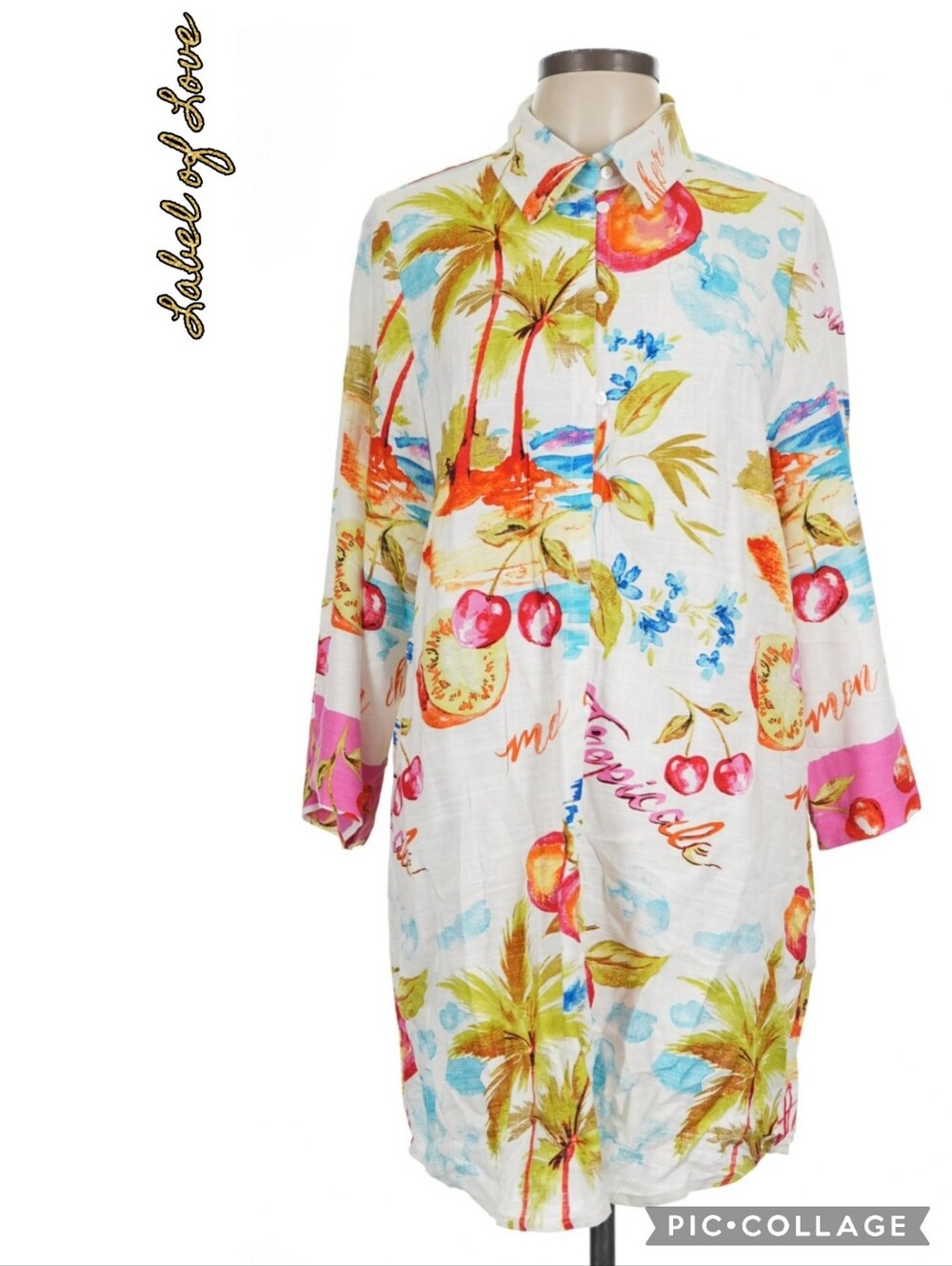 Label of Love shirt dress buttons collar rayon linen tropical palm fruit floral